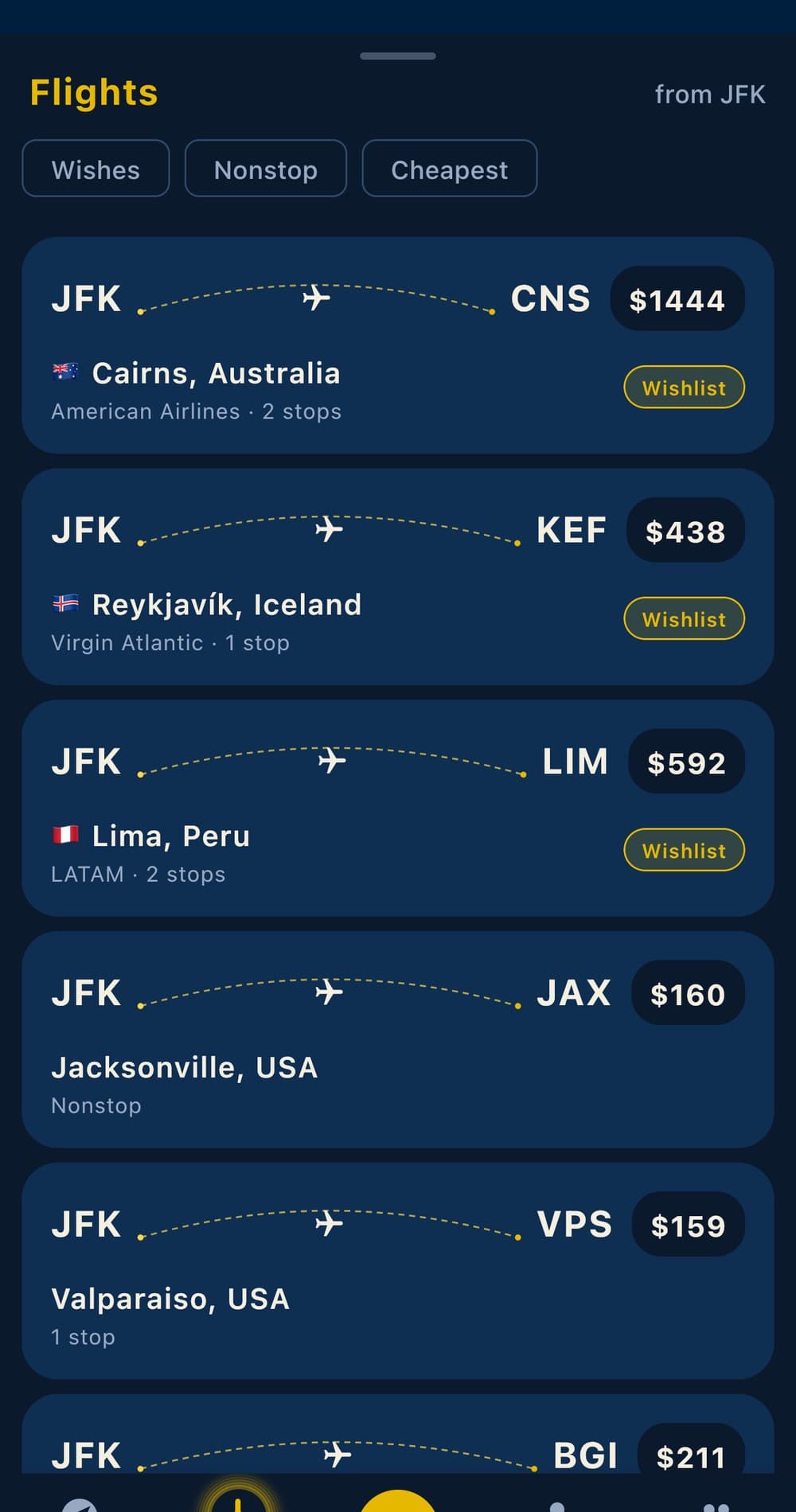 TrekMap flight deals list showing fares to wishlist destinations