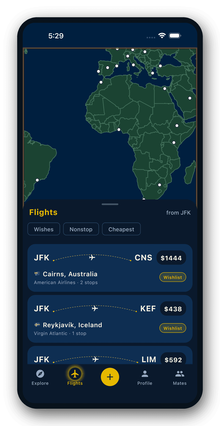 The TrekMap app showing a world map with flight-deal pins glowing across the globe