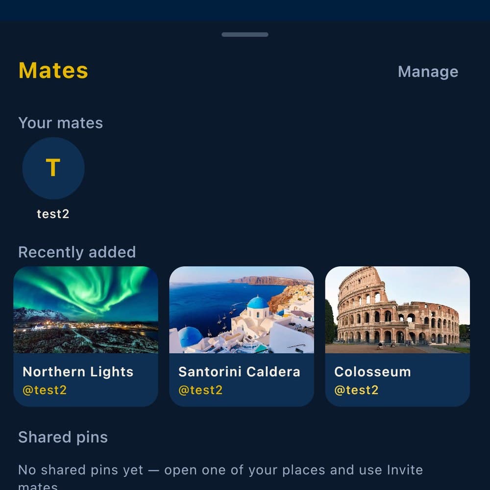 A feed of friends' trips in the TrekMap app — Northern Lights, Santorini and the Colosseum